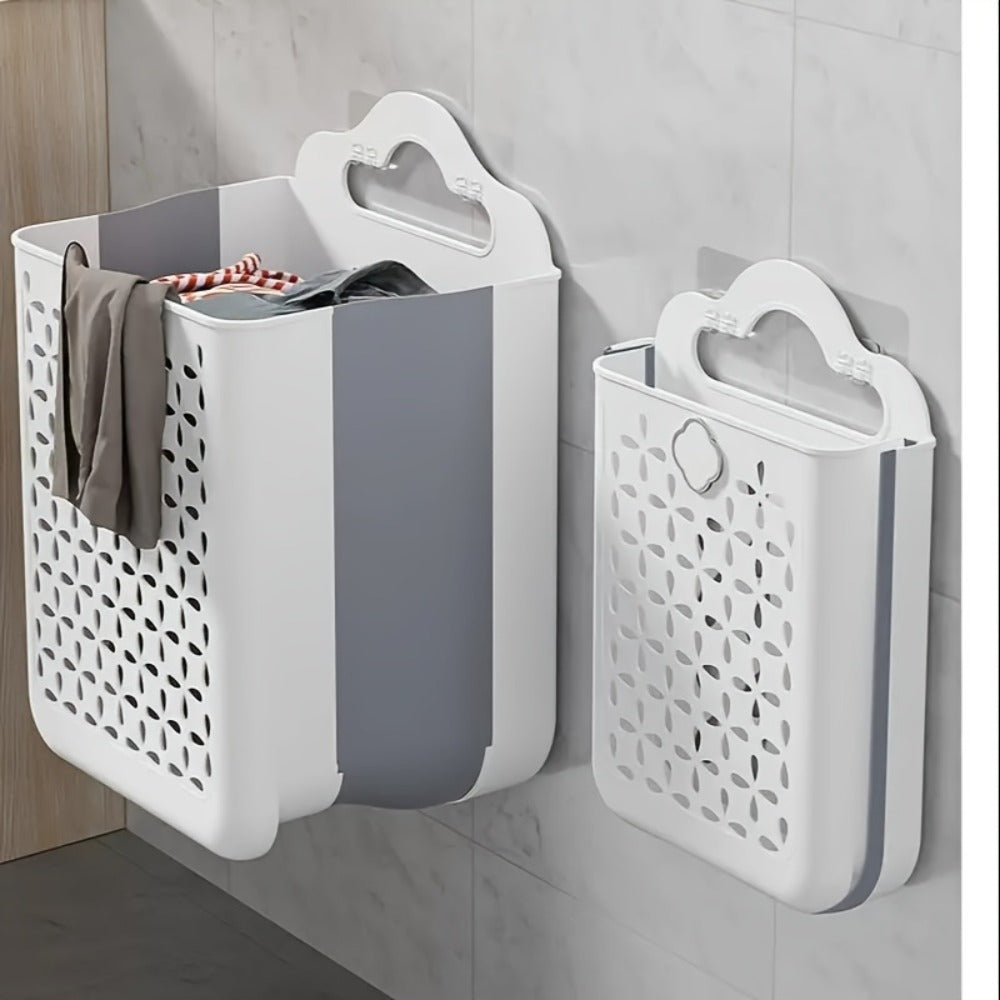Foldable Laundry Basket Wall Mounted ¨C No-Drill Plastic Storage Bin with Cutout Design for Clothes, Toys, Snacks & Fruits ¨C Space-Saving Collapsible Organizer for Bathroom, Balcony & Bedroom