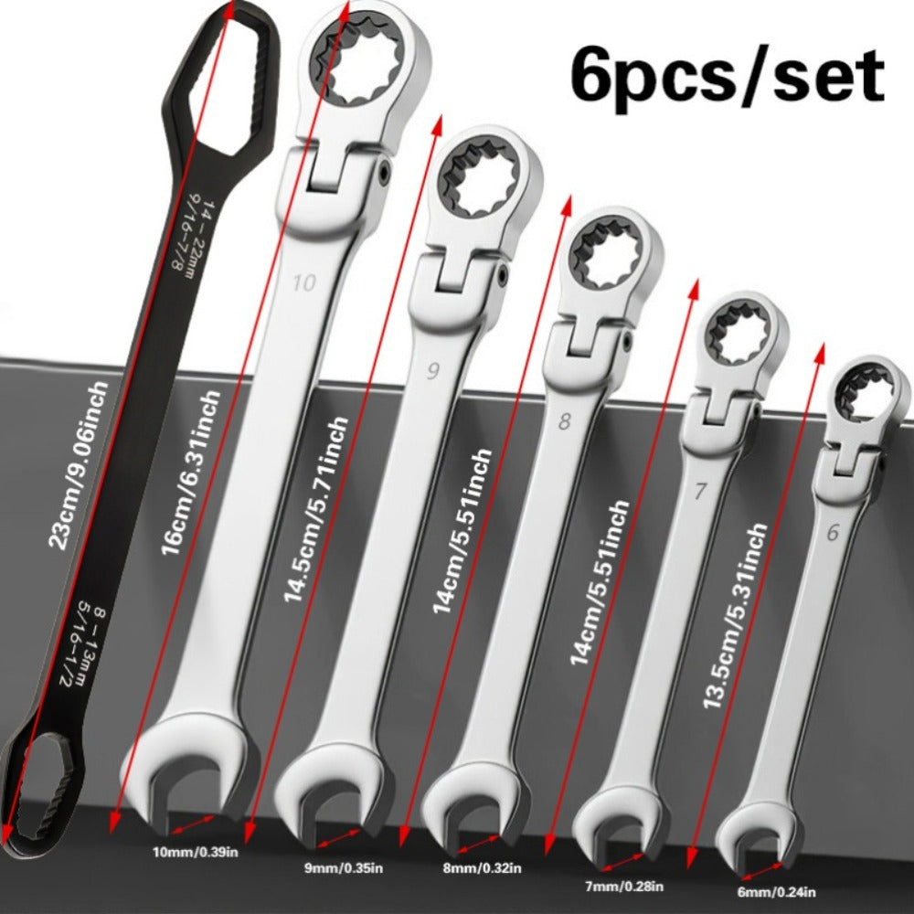 Flexible Head Ratchet Wrench Set 6-Piece ¨C 72-Tooth 180¡ã Dual-End CR-V Steel, Metric 6-10mm Double-Headed Wrenches for Auto, Motorcycle & Bike Repair, Compact Tool Kit