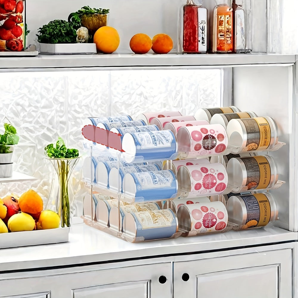 Can Storage Rack Pantry Organizer 36-Can Capacity 3-Tier Auto-Rolling Stackable | Transparent PET Canned Food Organizer for Kitchen Pantry Garage Dorm | Tool-Free Assembly for Soda Soup Vegetable Cans
