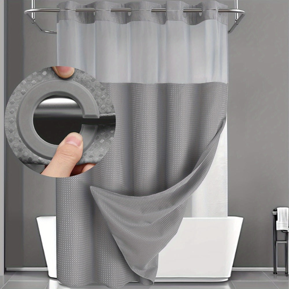 Hookless Shower Curtain with Snap Liner 74x71 Inch - Waffle Texture Double Layer with See-Through Window Waterproof Washable Hotel Quality Bathroom Curtain Set | Grey White Matcha Black | Home Decor Gift