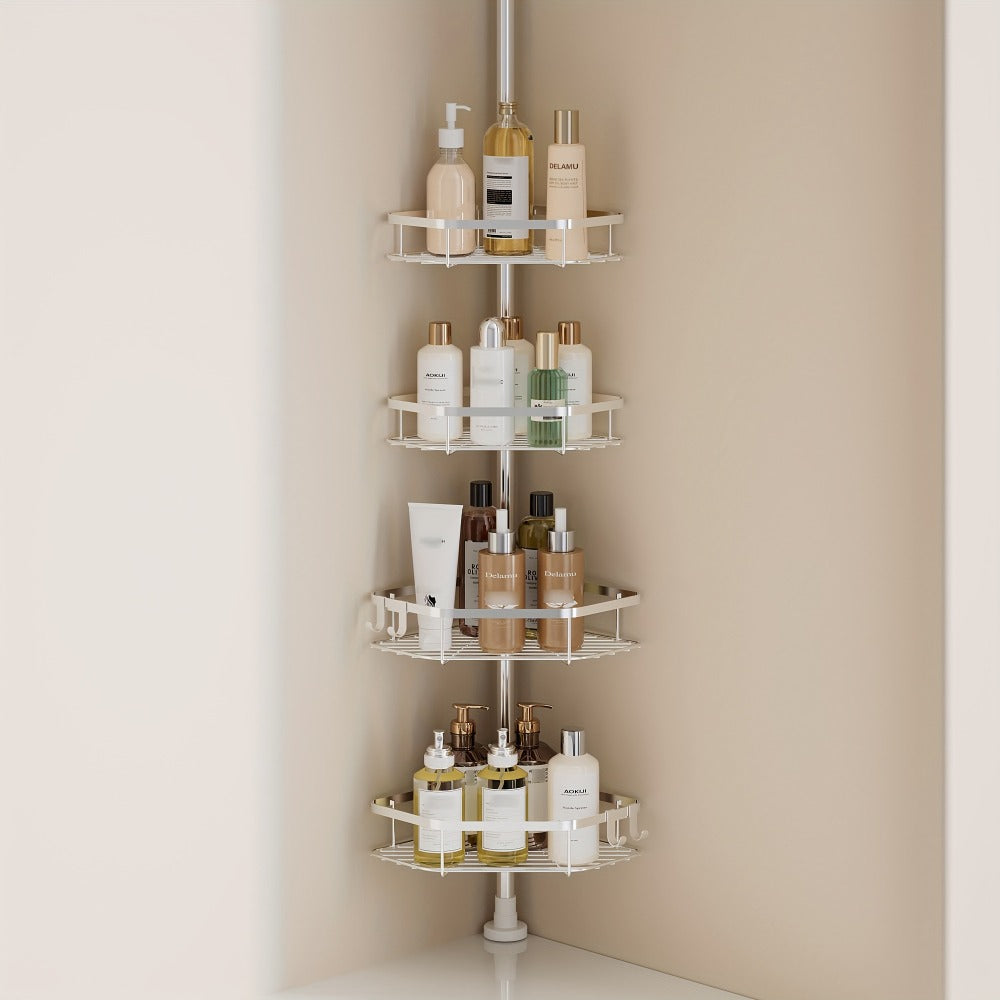 Corner Shower Caddy Tension Pole No Drilling Shower Organizer Shelf with Hooks for Bathroom Bathtub Shampoo Soap Storage Adjustable Height Rustproof