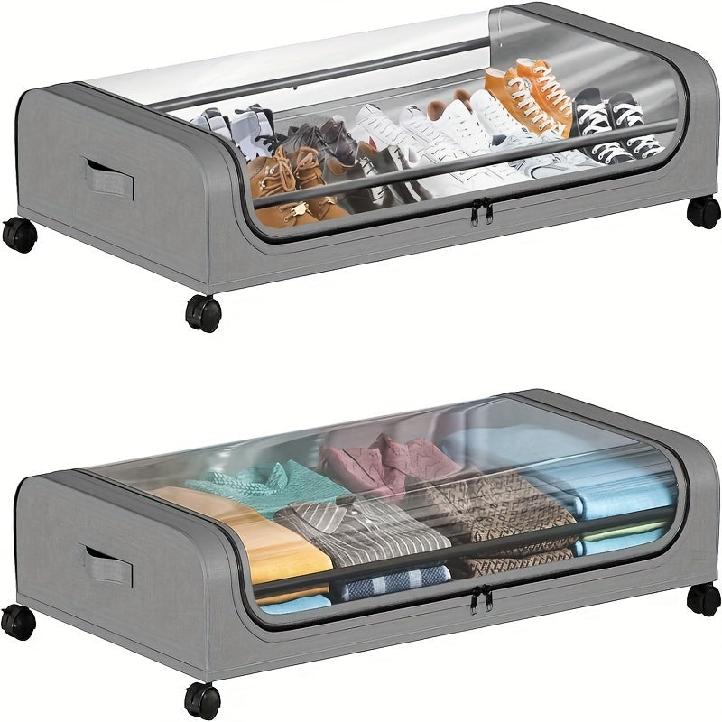 Under Bed Storage Organizer with Wheels & Lid - Metal Rolling Bins for Clothes Bedding Shoes Blankets Books (2pcs)