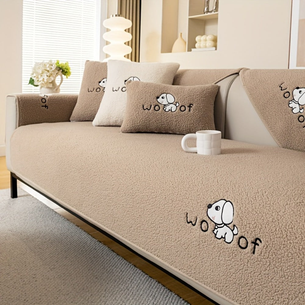 Sherpa Plush Sofa Cover Non-Slip | Thick Fleece Couch Protector, Pet Friendly Furniture Shield, 1 to 4 Seat, Armrest Backrest Pillowcase, Deep Gray Light Gray Coffee Off White