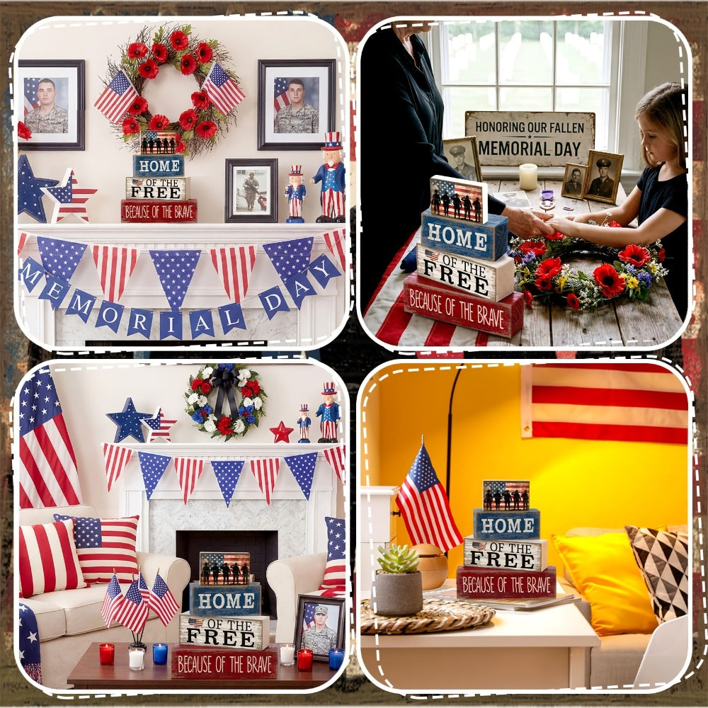 4th of July Tiered Tray Decor ¨C Patriotic Wooden Table Centerpiece with American Flag Signs for Independence Day, Memorial Day & Rustic Farmhouse Home Decor