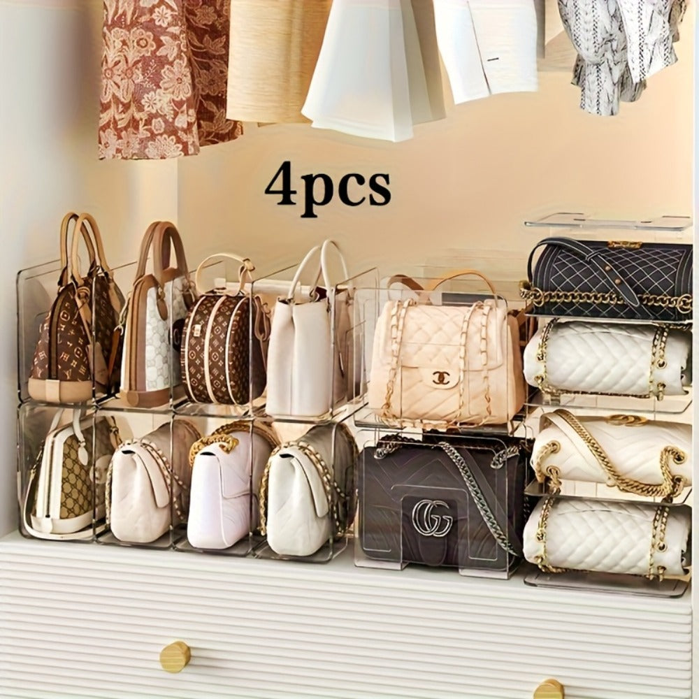 Purse Organizer for Closet 4-Pack ¨C Clear Plastic Bag Storage Divider Shelf, Handbag Holder for Wardrobe, Bedroom, Dormitory, Holds 8¨C16 Bags