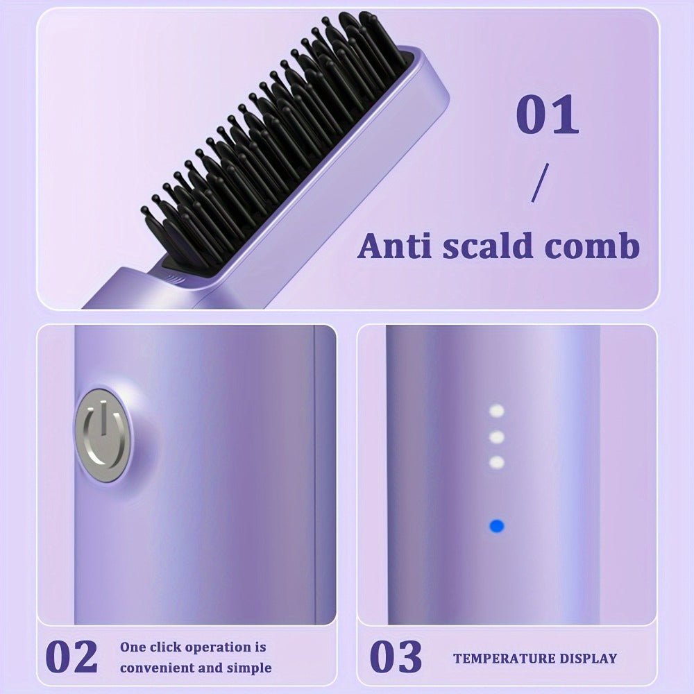 Mini Hair Straightener Comb Ceramic Heating Plate 3 Temperature Settings Fast Heating LED Display Travel Hair Straightening Brush for Women Home Salon Gift
