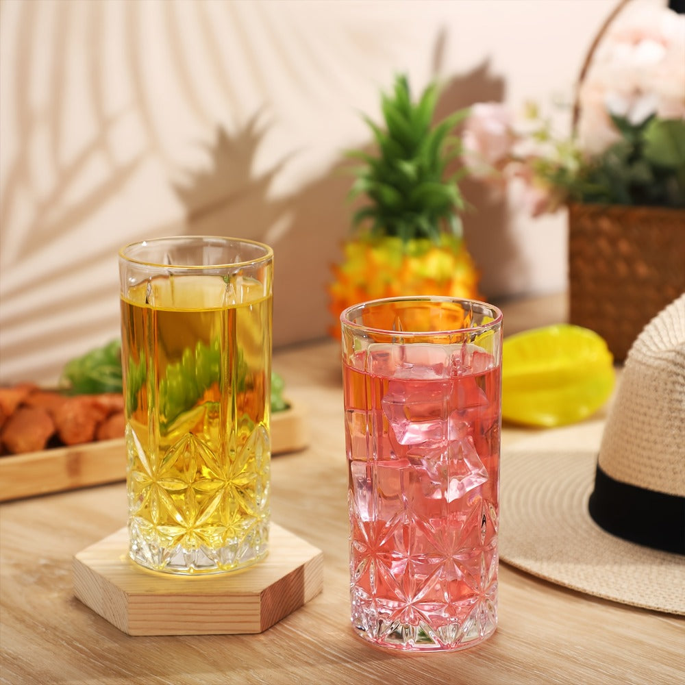 Highball Glasses Set of 12 - 12oz Crystal Clear Vintage Textured Tall Drinking Glasses, Dishwasher Safe Designer Glassware for Cocktail, Tea, Water, Beer & Soda