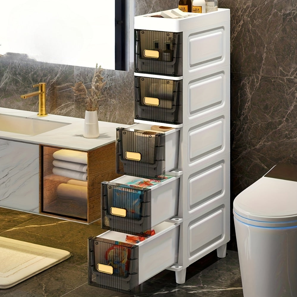 Slim Storage Cabinet with Drawers & Wheels - Waterproof PP Bathroom Kitchen Organizer, 3-5 Layer Tower Unit for Small Spaces