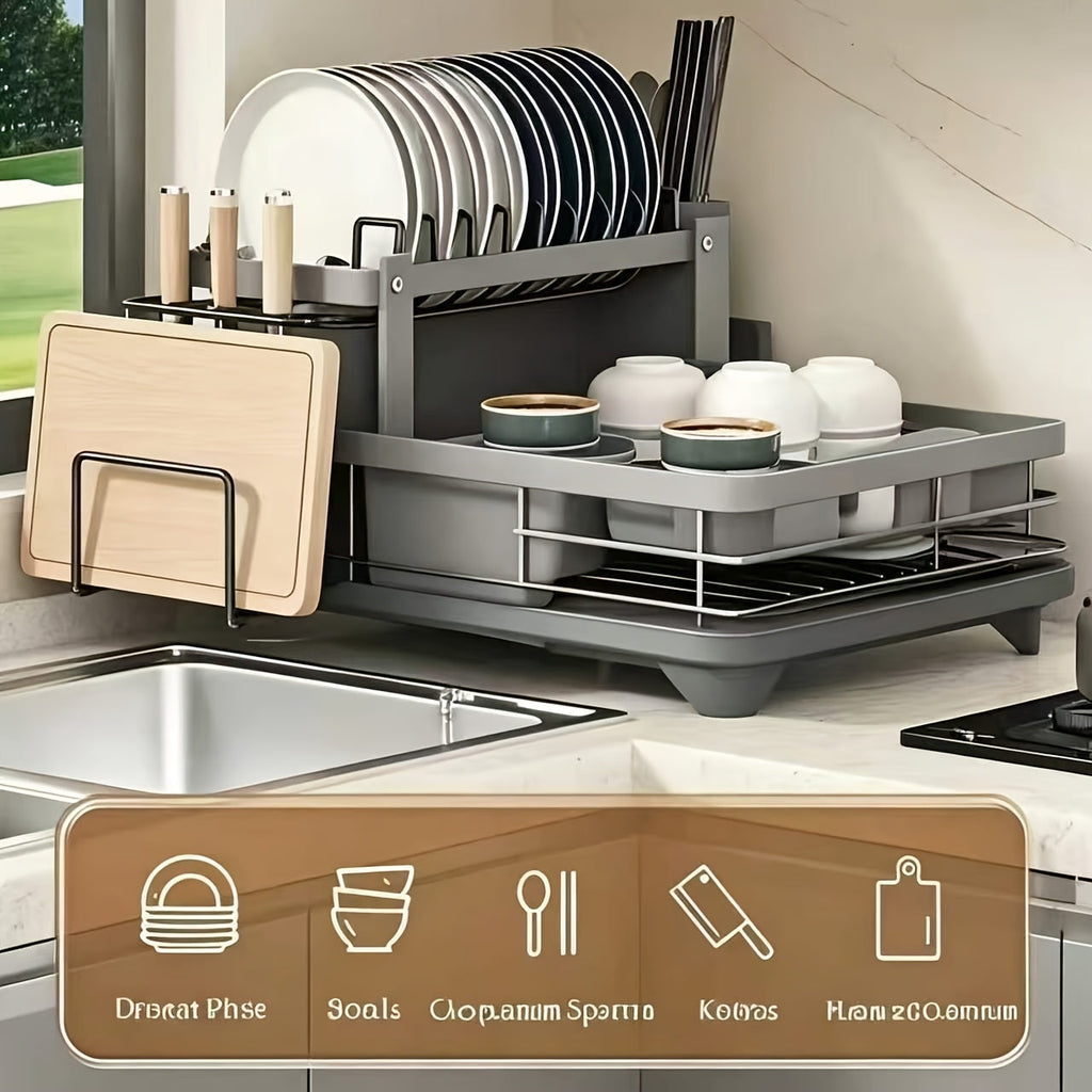 2-Tier Dish Drying Rack with Drainboard & Mat ¨C Metal Dish Rack for Kitchen Counter with Knife Fork Cup Holder