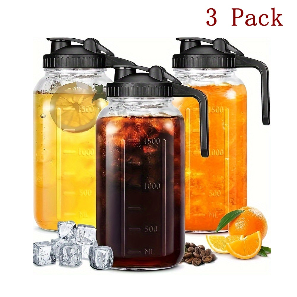 64oz Mason Jar with Handle and Lid 2/3 Pack ¨C BPA-Free Borosilicate Glass Beverage Carafe, Leak-Proof Drinking Jar for Juice, Water, Iced Tea