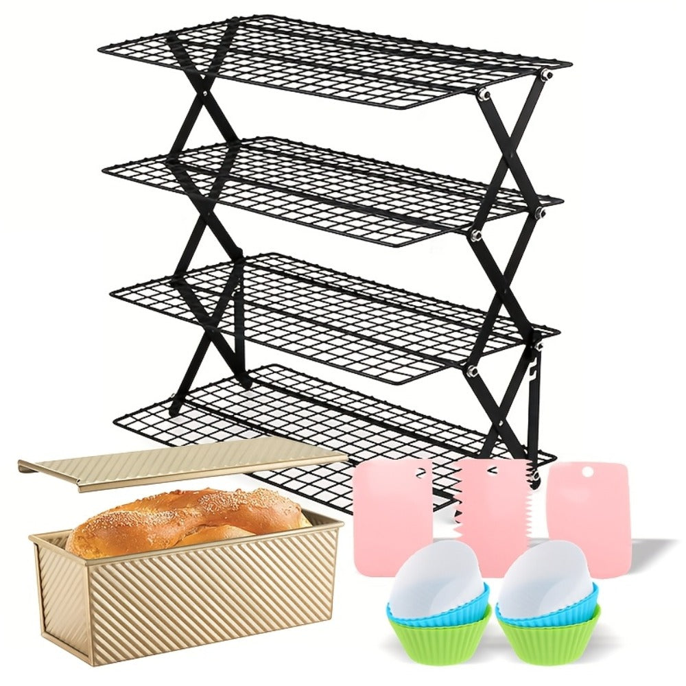 4-Tier Collapsible Cooling Rack Set with Muffin Cups - Metal Wire Baking Rack for Cookies Cakes Bread Roasting BBQ Countertop Kitchen Drying Rack