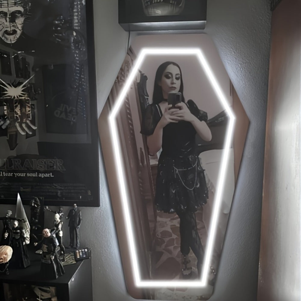 Gothic Coffin Shaped Neon Wall Mirror USB Powered LED Neon Light Mirror Irregular Decorative Art Mirror for Dark Gothic Aesthetic Bedroom Wall Decor Halloween Gift Cold White