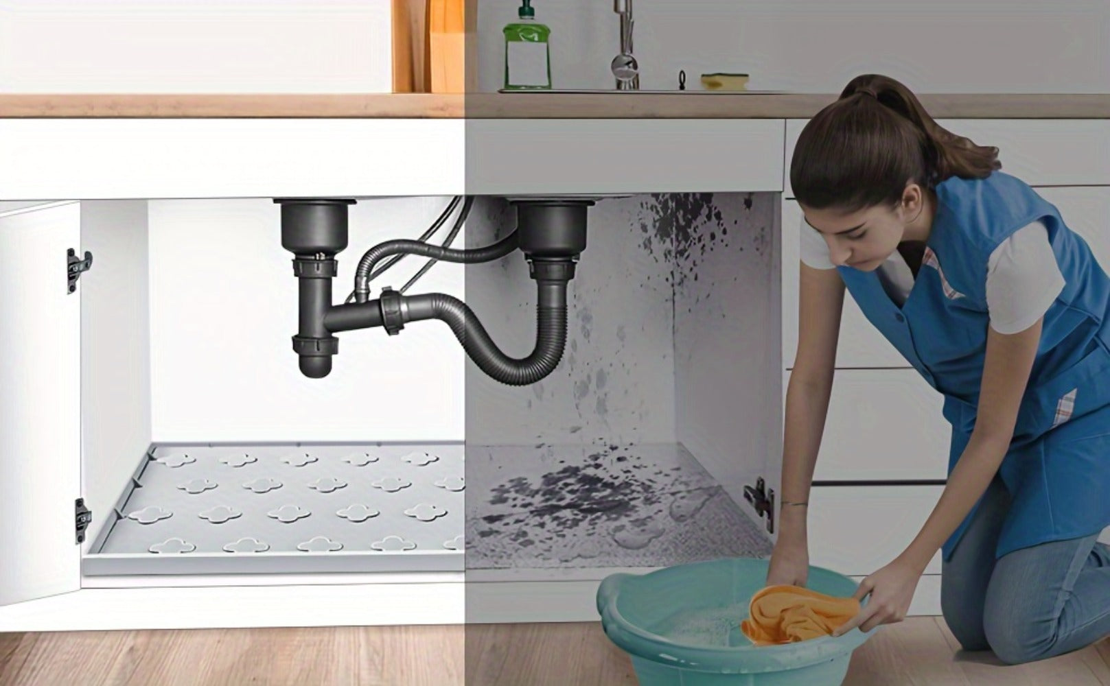 Under Sink Mat Waterproof Silicone 34¡± x 22¡± Undersink Drip Tray Liner for Kitchen Bathroom Cabinet, Holds 2 Gallons, Non-Toxic Durable Cabinet Protector with Raised Edges Four-Leaf Clover Pattern