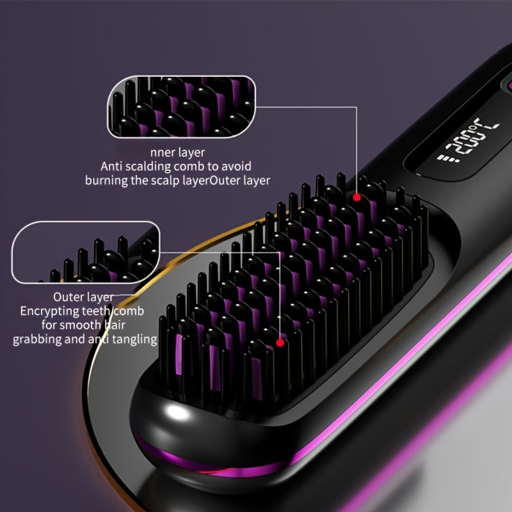 Portable Wireless Hair Straightener Comb USB Rechargeable 3-Speed Temp Control Negative Ion LED Display Lightweight for Travel