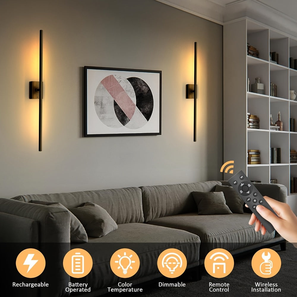 Cordless LED Wall Sconces 2 Pack with Remote - Dimmable Battery Operated Wall Lights Adjustable 3000K-6000K Color Temperature No Hardwiring Modern Picture Lights for Bedroom Hallway Living Room Black
