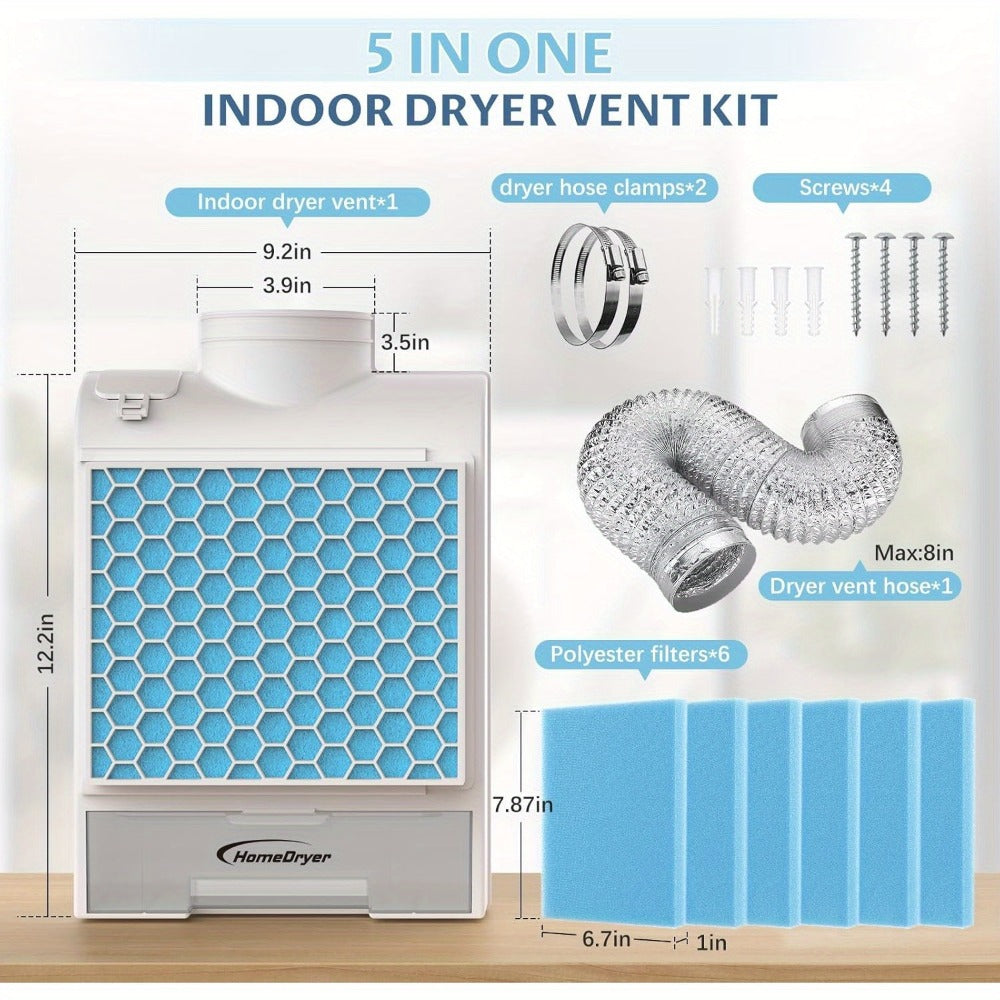 Indoor Dryer Vent Kit 3-in-1 Lint Trap Filter Box Stainless Steel Screen 6 Polyester Filters Reusable Washable Reduces Moisture Prevents Mold for Electric Clothes Dryers