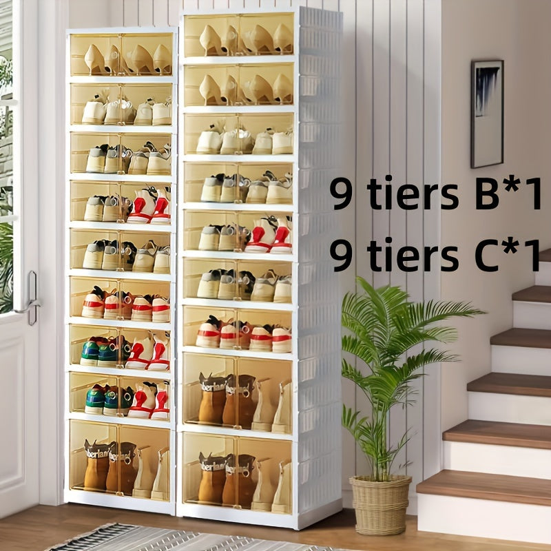 Shoe Rack Organizer 9-Tier, Collapsible Clear Plastic Foldable Stackable Shoe Cabinet with Shelves & Doors ¡ª No Assembly, Space-Saving Narrow Storage for Hallway, Apartment & Small Spaces