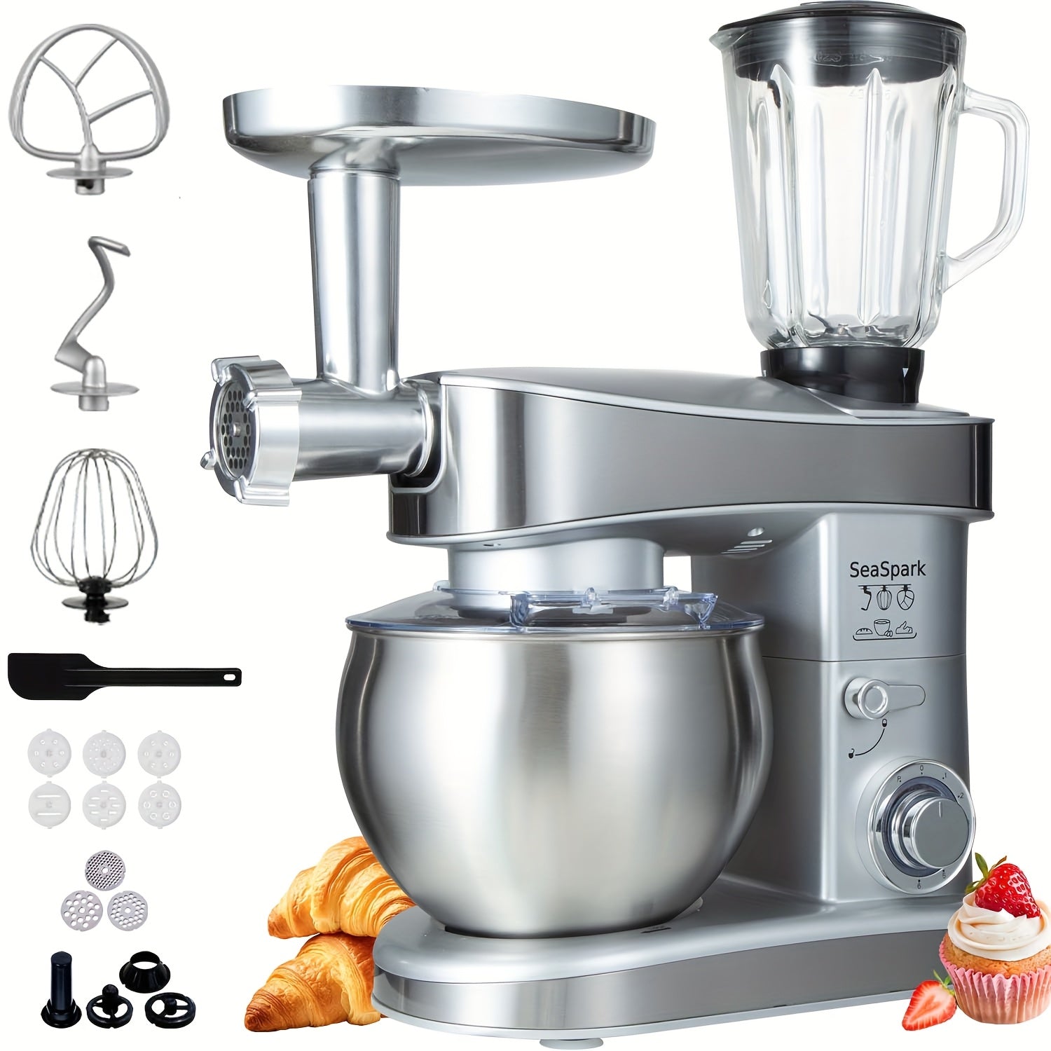 Stand Mixer 6-in-1 400W with 6.3QT Stainless Steel Bowl ¨C 6-Speed & Pulse Tilt-Head Kitchen Mixer with Dough Hook Beater Whisk Juicer Meat Grinder Noodle Press | Electric Food Mixer Black Red Purple Silver