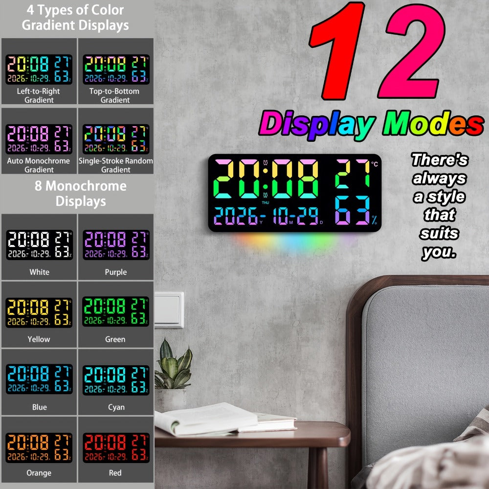 Digital Wall Clock 14.6 Inch Large LED Display with Remote Control - 12 RGB Color Modes, Dual Alarm, Night Light, Temperature, Humidity & Date | Smart Home Decor for Living Room, Bedroom & Elderly