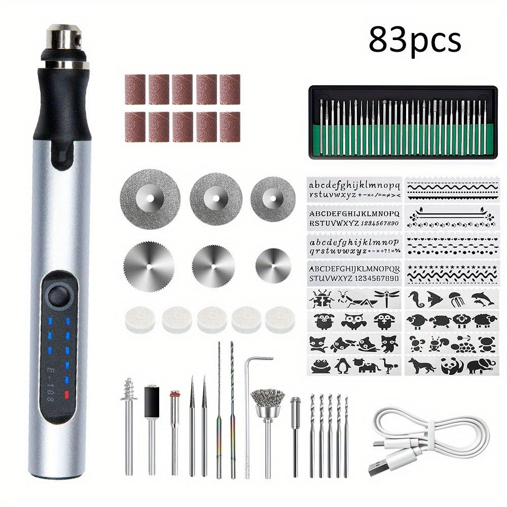 Mini Rotary Tool Kit - Wireless USB Rechargeable Micro Drill Carving Pen for Cutting, Carving, Drilling, Polishing & Buffing (58/74/83 Pcs)