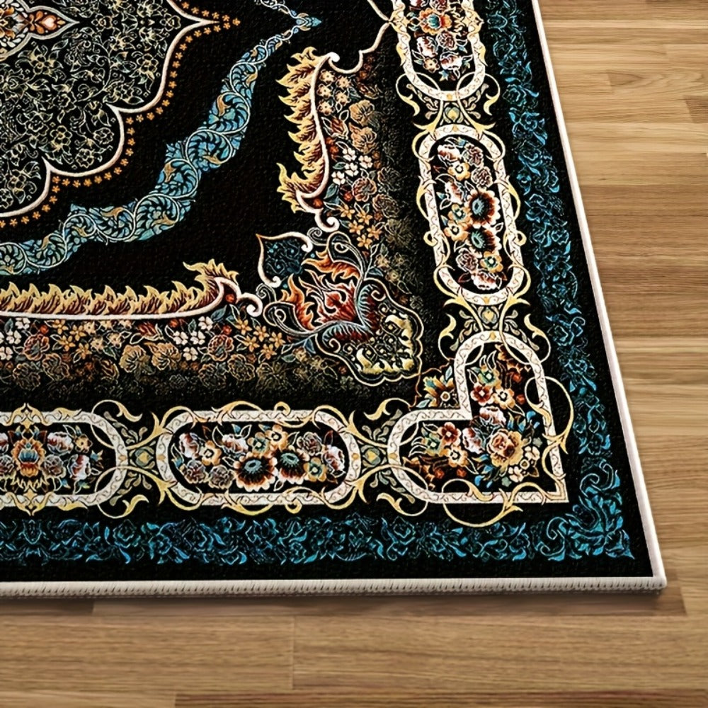 Bohemian Floral Area Rug Non-Slip Backing Machine Washable Velvet Floor Mat Shedding-Resistant 100% Polyester Soft Carpet for Living Room Bedroom Kitchen Office Modern Decorative Rug