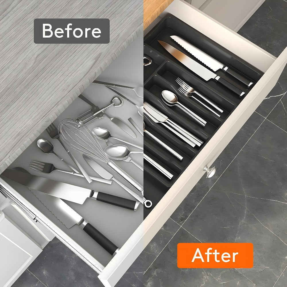 Silverware Organizer Adjustable Drawer Organizer | Utensil & Cutlery Storage Tray for Kitchen Drawer | Expandable Knife Fork Spoon Holder 22.4¡± x 15¡± x 2¡± | Kitchen Organization & Storage in Black Grey White