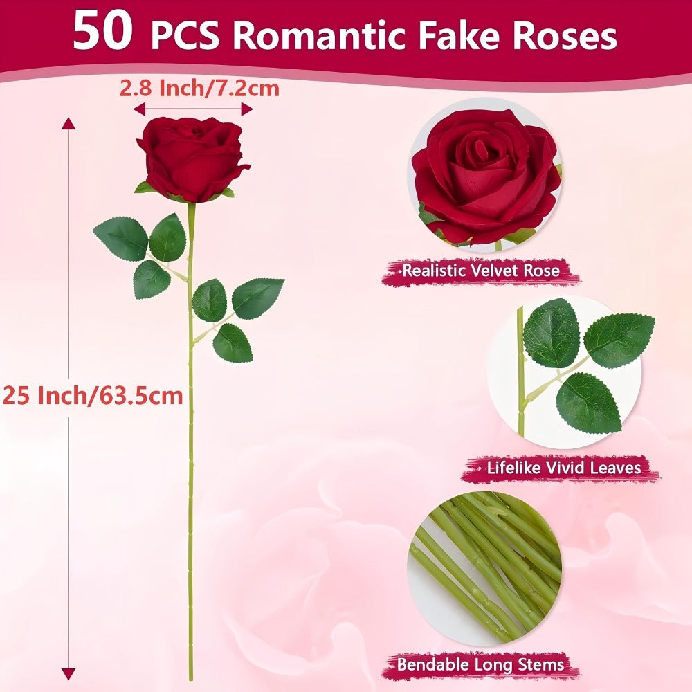Artificial Roses Bulk with Long Stems ¨C Real Touch Velvet Fake Flowers for Wedding Bouquet, Bridal Centerpiece, Valentine's Day, Mother's Day, Home Decor (50/100pcs, Multi Colors)