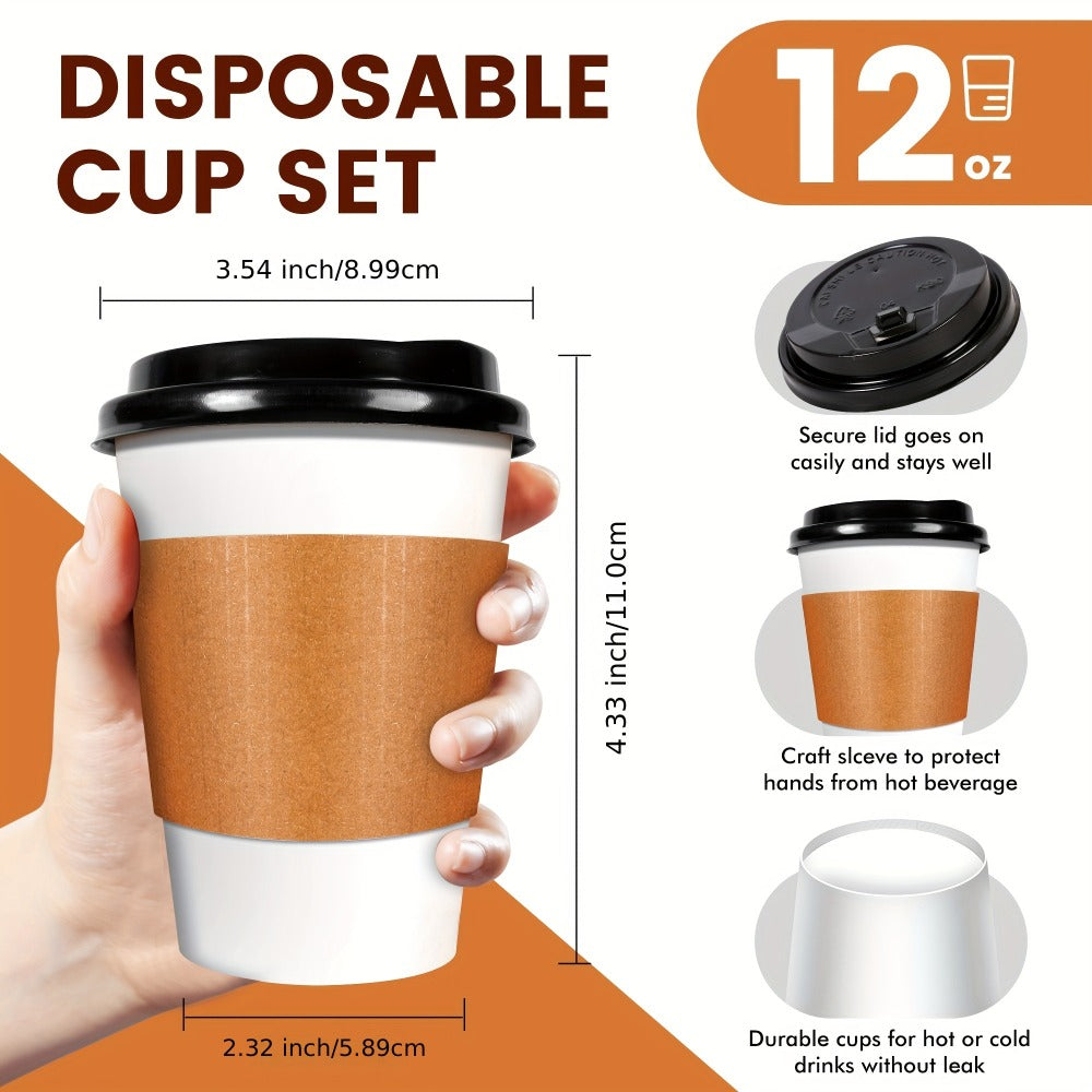 Disposable Paper Coffee Cups with Lids and Sleeves 12oz ¨C Leak-Proof To-Go Hot Coffee Cups with Insulated Sleeve for Home, Office, Party & Coffee Bar | 50 or 100 Pack