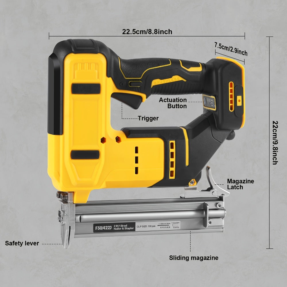 Cordless Brad Nailer and Stapler 2-in-1 Compatible with DEWALT 20V MAX Battery, Brushless Motor, Heavy-Duty Safety Lock, Fires 1-3/16¡± Nails & 7/8¡± Staples for Flooring Trim Woodworking (Tool Only)
