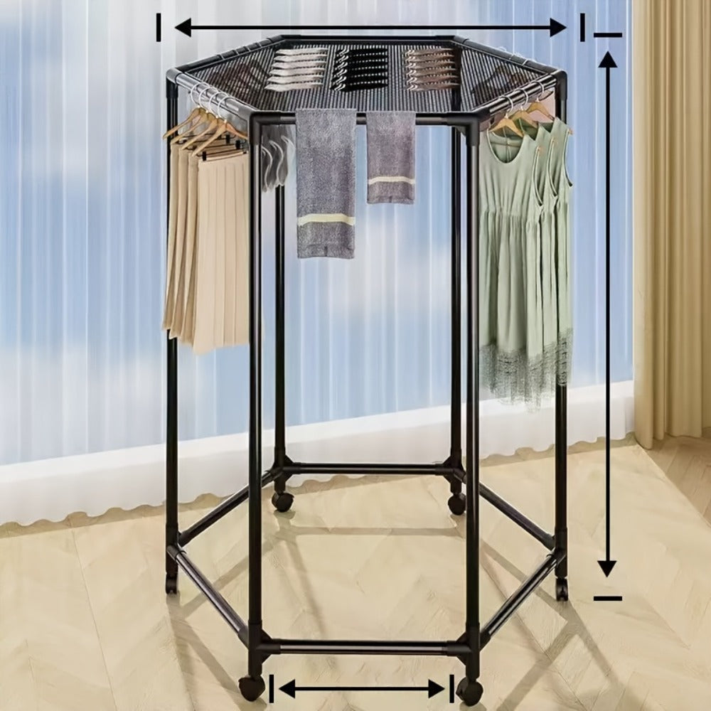 Rotating Clothes Rack Freestanding Vertical Clothing Hanging Rack Space Saving Laundry Rack with Mesh Bag Black White Rotatable Garment Rack for Small Apartment Bedroom Closet