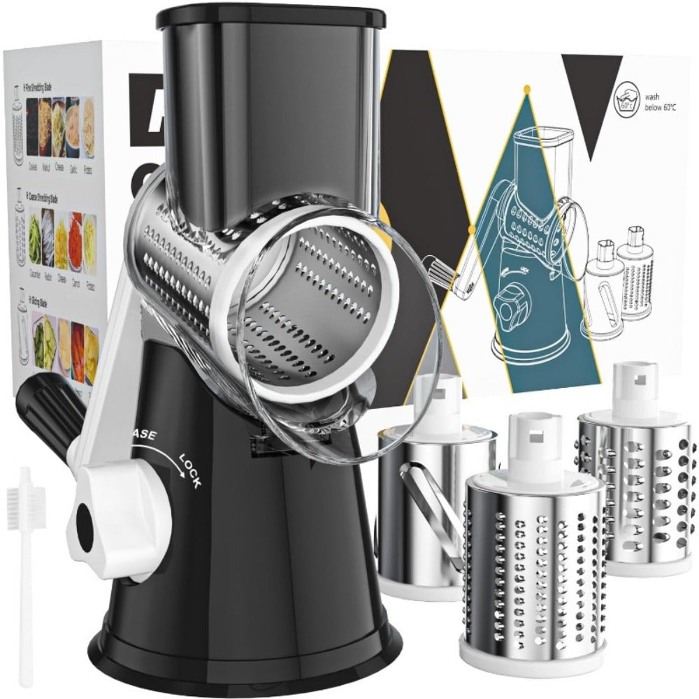 Rotary Cheese Grater with Hand Crank ¨C 3 Interchangeable Blades for Cheese, Vegetables & Nuts, Non-Slip Suction Base, Includes Cleaning Brush ¨C Manual Cheese Shredder for Kitchen (6 Colors)
