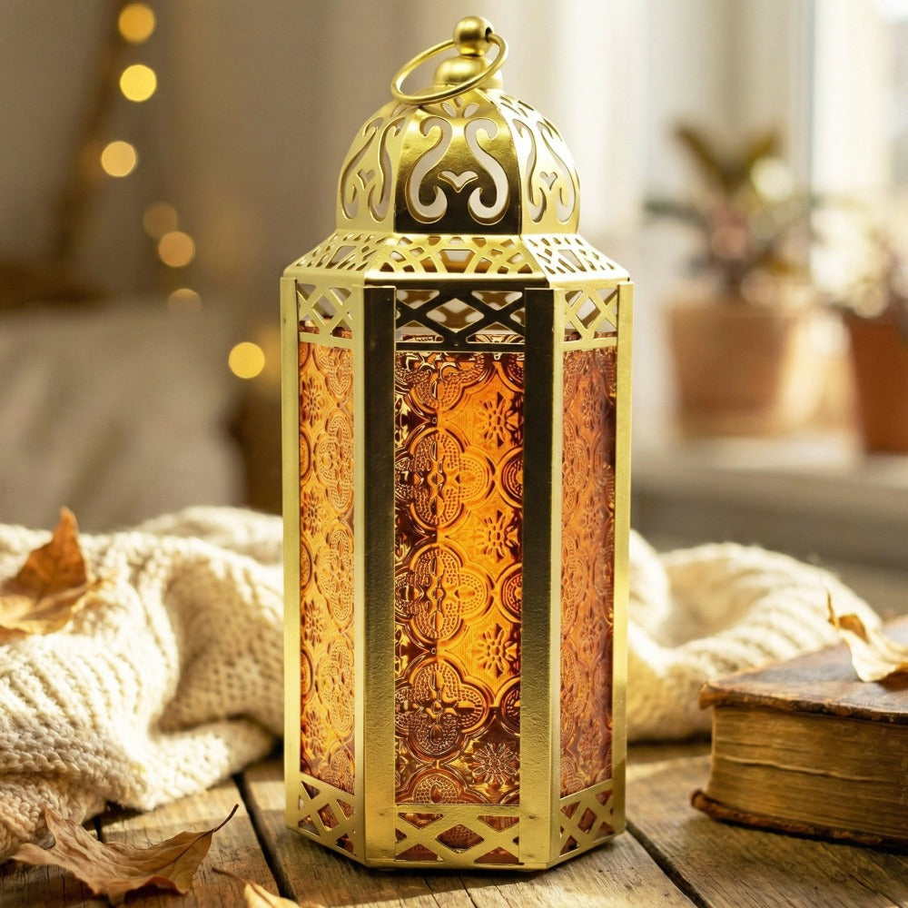 Moroccan Candle Lantern Holder - Decorative Metal & Glass Lantern with Embossed Floral Design for Indoor Home Decor, Garden, Patio, Weddings, Ramadan, Halloween & Holiday Celebrations - 10.5¡± Tall Medium Size