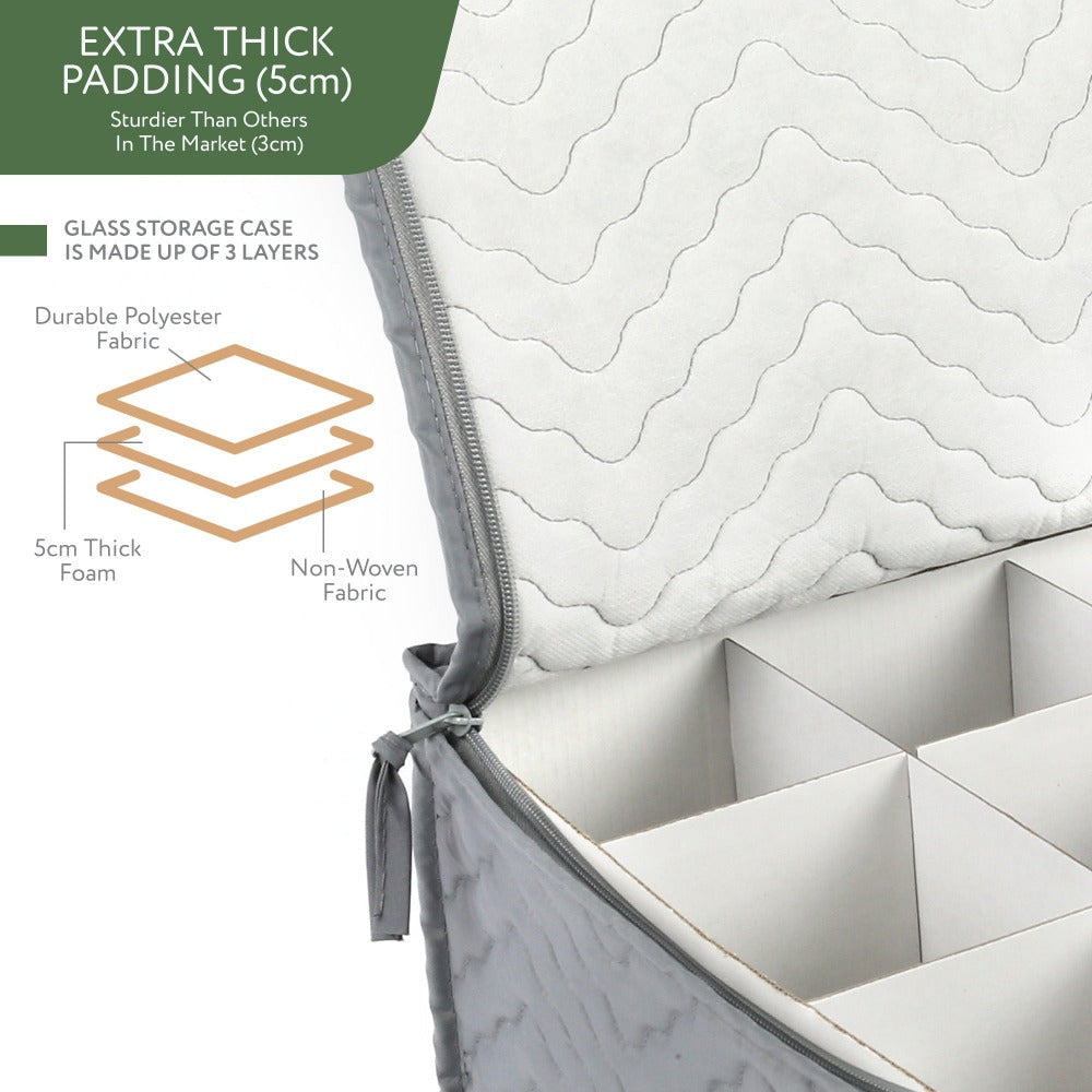 Wine Glass Storage Case 12-Compartment Quilted Stemware Box with Dividers 15.5x12.5x10 Inch Gray