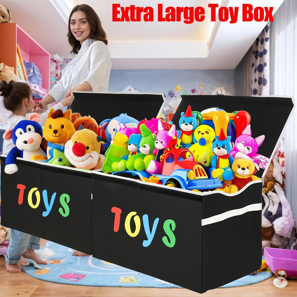 Collapsible Storage Box with Lid & Adjustable Dividers | Large Toy Chest Bin 54x16x14 Inch | Foldable Organizer for Playroom Bedroom Nursery | Boys Girls Toy Storage Box Black Dark Grey