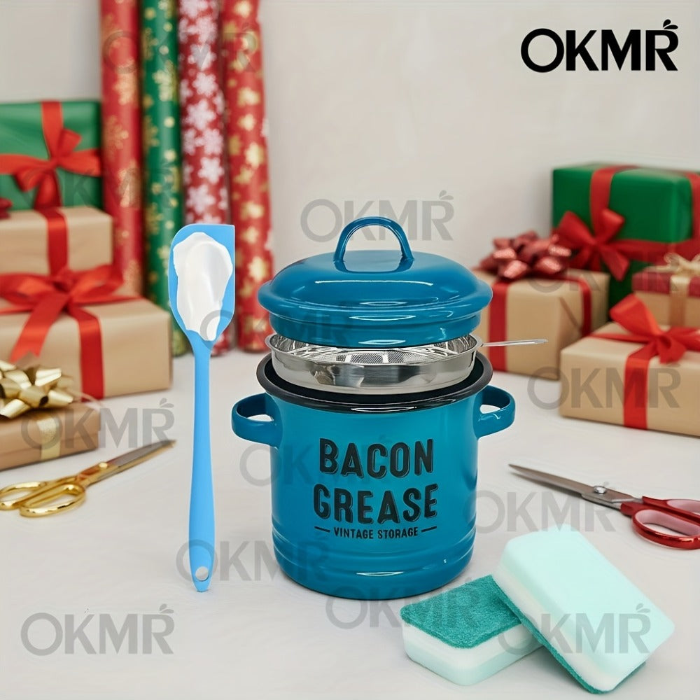 Bacon Grease Container with Lid, Large Capacity Grease Storage Can with Heat-Resistant Filter, Silicone Spatula & Cleaning Sponge Set, Flip-Top Oil Holder for Kitchen Household Use