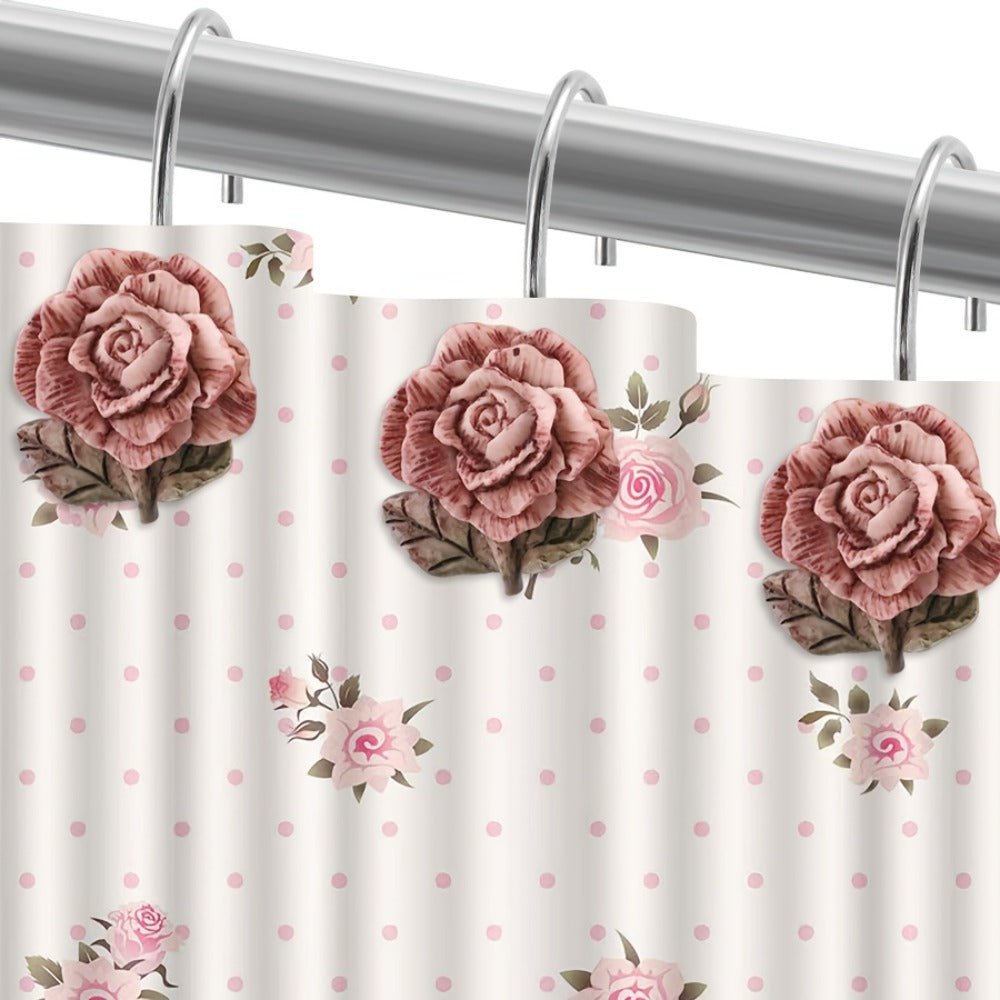 Shower Curtain Hooks Rose Resin - 12pcs Rustproof Cast Iron Floral Bathroom Hooks, Heavy Duty Metal Rings for Curtain Rod, Decorative Bath Accessories