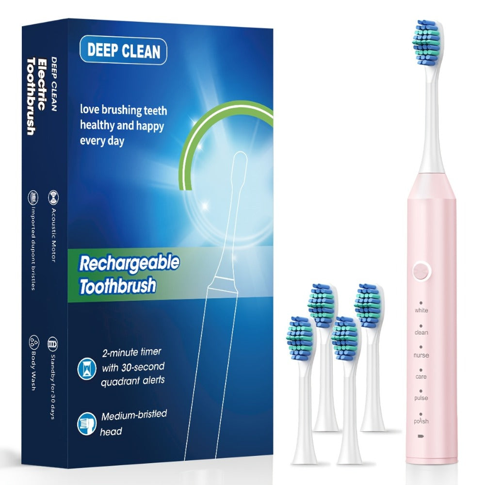 Rechargeable Toothbrush ¨C 6 Cleaning Modes, 500mAh Lithium Battery, USB Charging, Soft Bristles, 4 or 8 Brush Heads, Black White Pink Electric Toothbrush for Adults Deep Clean & Whitening