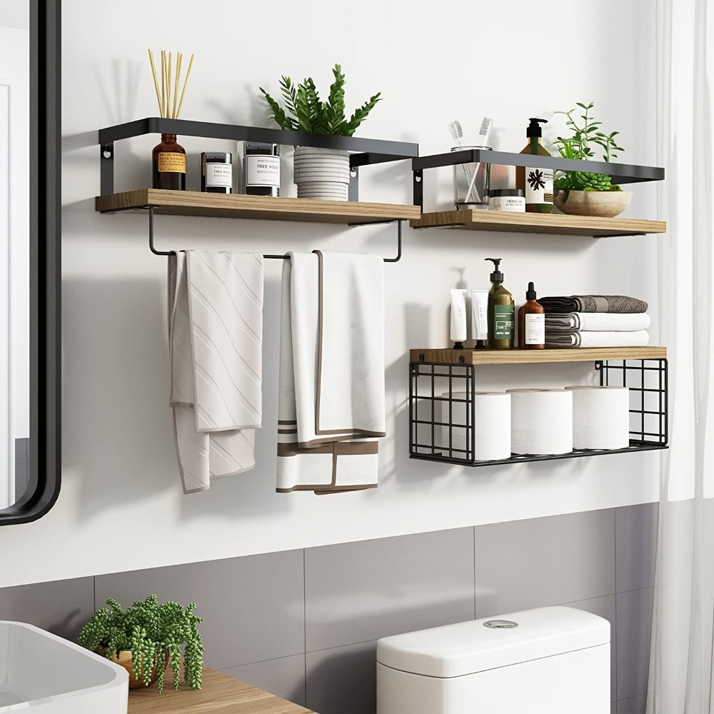 Floating Wall Shelves Set of 2 or 4 Rustic Wood and Iron Wall Mounted Shelf for Living Room Bedroom Kitchen Bathroom, Farmhouse Industrial Hanging Display Shelf for Plants Books Candles Decor