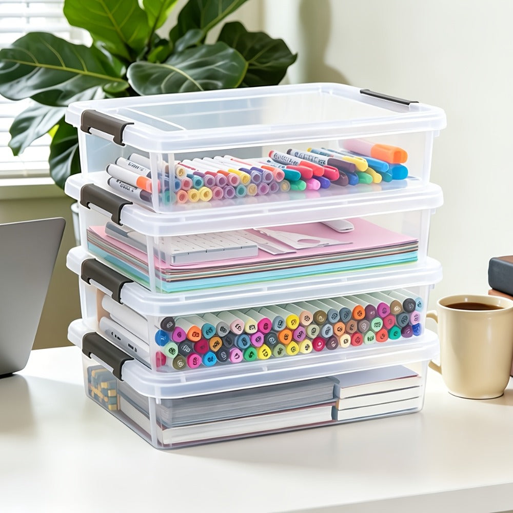 Clear Plastic Storage Boxes with Lids Set of 5 Stackable Organizer Bins for Craft Supplies Beads Sewing Art Office Home 13.58x10.16x2.87in