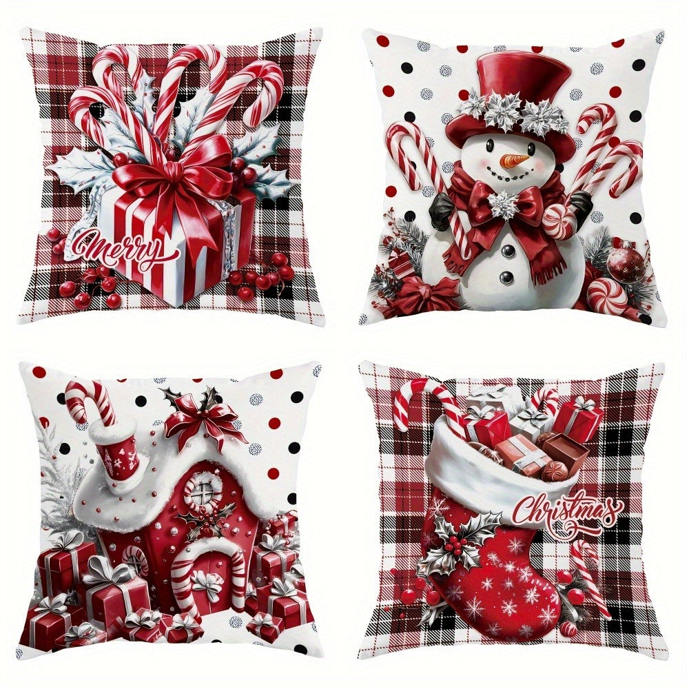 Christmas Throw Pillow Covers 4pcs Set - Snowman Candy Cane Buffalo Plaid Polyester 18x18in Decorative Cushion Covers with Zipper for Holiday Winter Living Room Bedroom Sofa Bed Decor