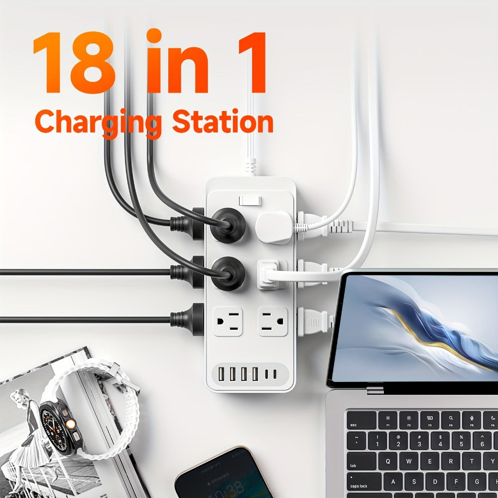 Charging Station Power Strip 18-in-1 with 12 AC Outlets 4 USB-A 2 USB-C Ports Surge Protector Flat Plug 5FT PVC Extension Cord Fire-Resistant for Home Office Travel Desk White Black