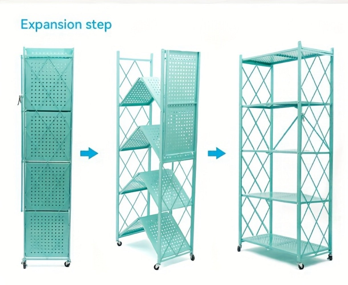 Foldable Storage Rack with Lockable Wheels 3 4 5 Tier Carbon Steel No Assembly Space Saving Floor Standing Shelf for Bedroom Balcony Garden