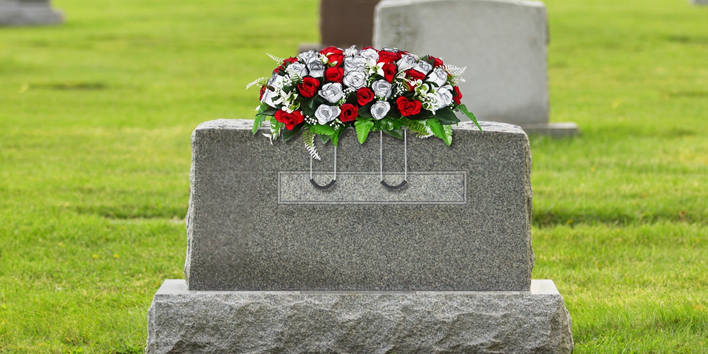 Artificial Cemetery Flowers for Grave with Saddle, Silk Rose Bouquet Headstone Decoration, Memorial Day Grave Flowers, Outdoor Grave Marker Floral Arrangement, 1/2/3 PCS