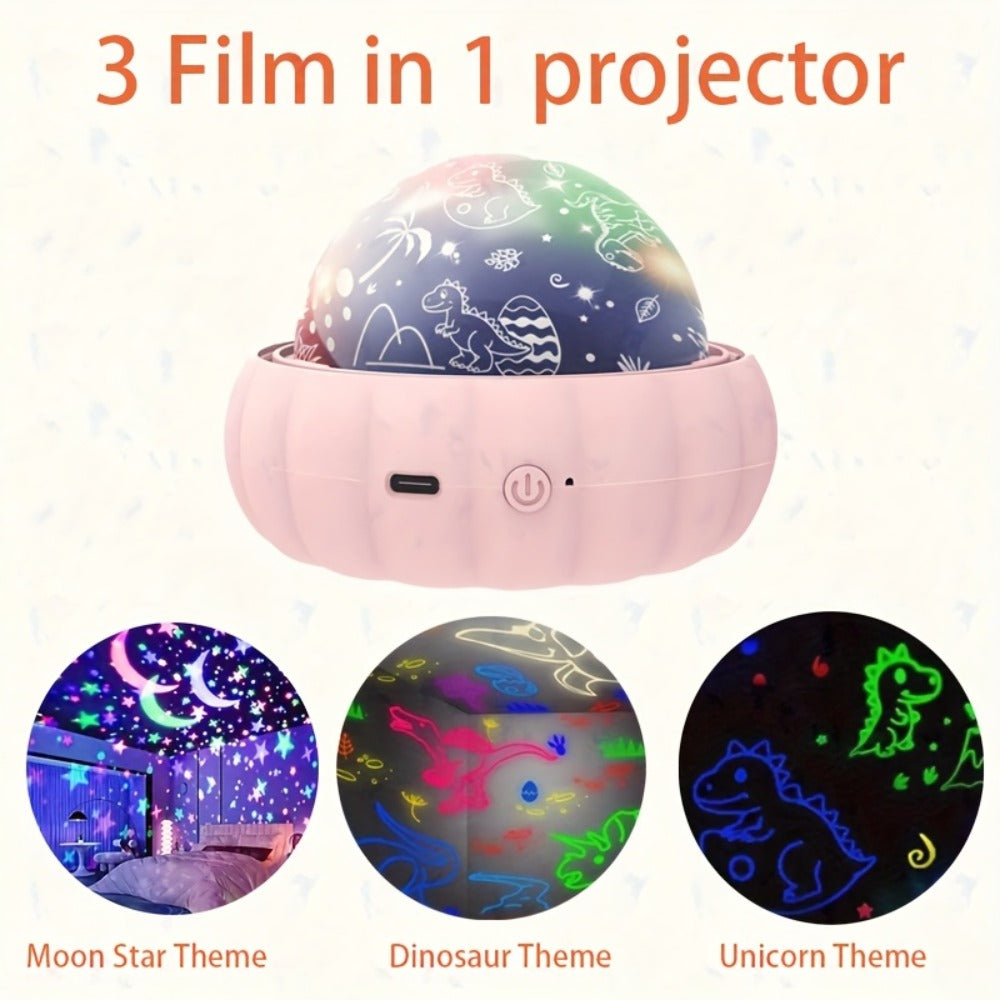 360¡ã Rotating Projector Night Light ¨C 4-Color LED Auto-Rotating Starry Sky Atmosphere Lamp with Unicorn & Dinosaur Projections, USB Powered for Party, Home Decor, Kids Room & Holiday Gifts