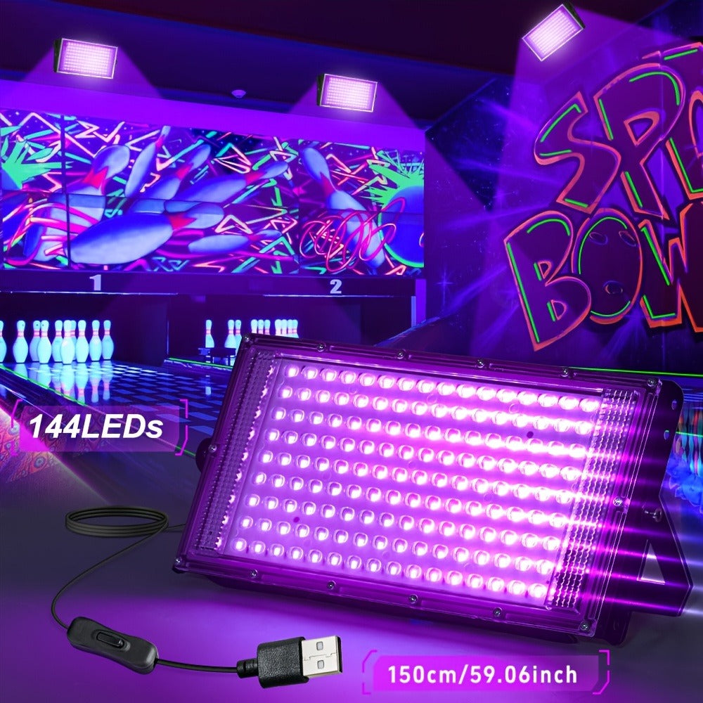 UV Black Light Flood Light 144 LED 385-400nm with USB Plug & Switch ¨C Glow in the Dark Effect for Halloween Party Stage Lighting Body Paint Neon Poster Blacklight, Durable Plastic, 4 Pack