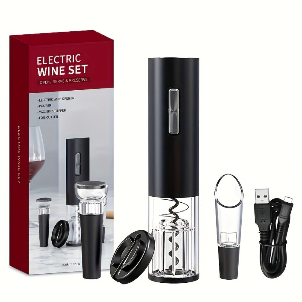 Electric Wine Opener Set 4-in-1 Rechargeable - USB-C Automatic Corkscrew with Blue LED, Vacuum Stopper, Wine Pourer & Foil Cutter - Complete Wine Accessories Gift Set for Home Bar, Parties & Weddings