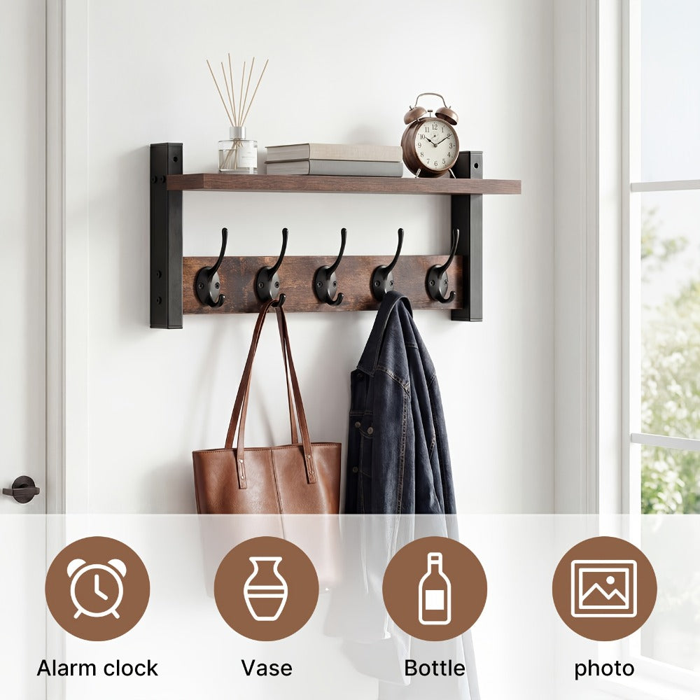 Wall Mounted Coat Hook Shelf with 5 Hooks - Wooden Floating Shelf & Key Rack Organizer for Entryway, Bedroom, Bathroom, Kitchen & Living Room - Rustic Vintage Style