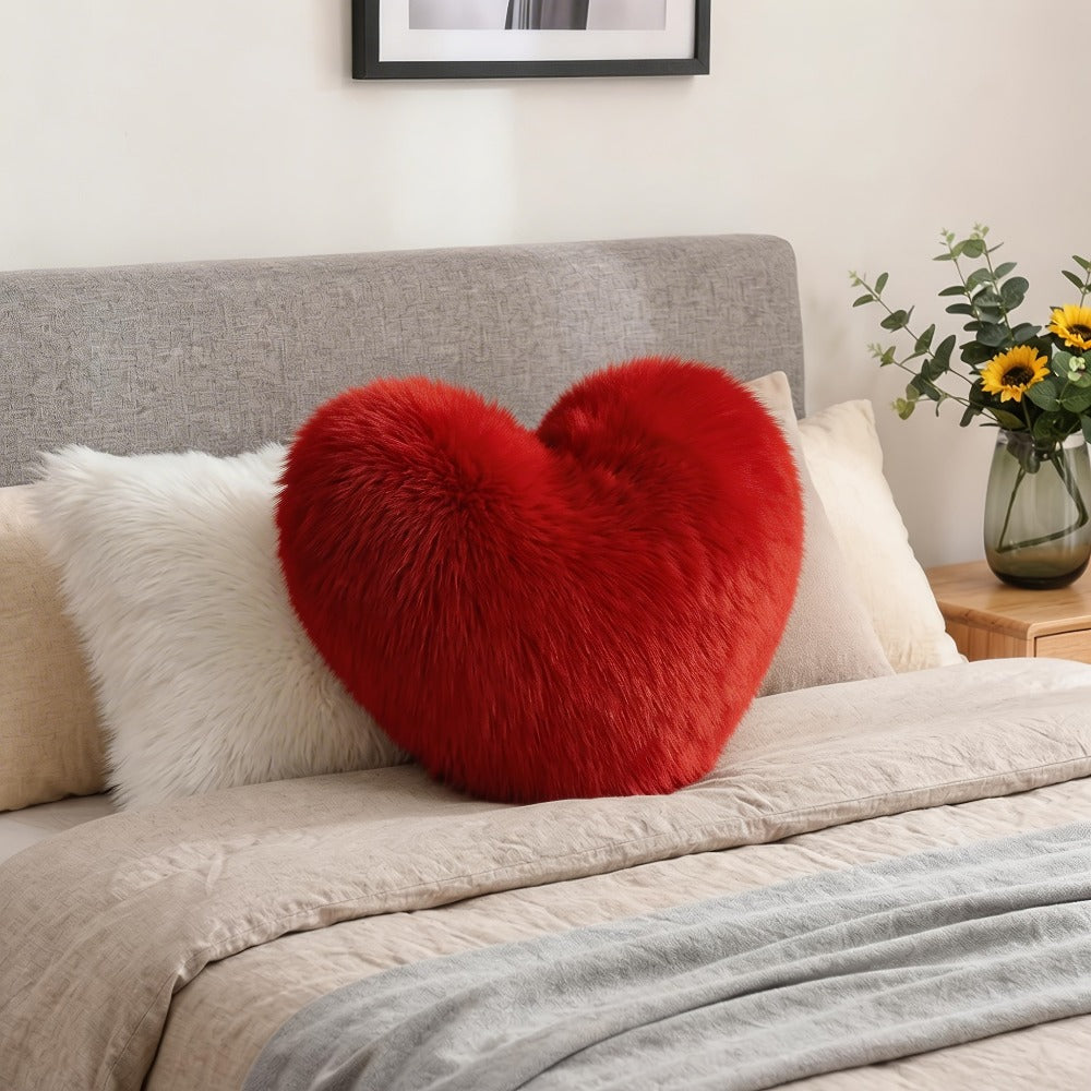 Heart Shaped Plush Pillow Cover Faux Wool Fluffy Cushion Cover for Sofa Bed Chair Car - Valentine's Day Decor Throw Pillowcase 17¡± Soft Decorative Pillow Case, Red & Pink, Insert Not Included