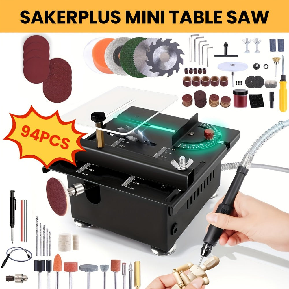 100W Electric Mini Table Saw with Woodworking Pen Set, 7-Speed & Angle Adjustable, 16mm Max Cutting Depth, Precision Crafts Model Making DIY Jewelry Home Projects, Great Gift for Men & Beginners