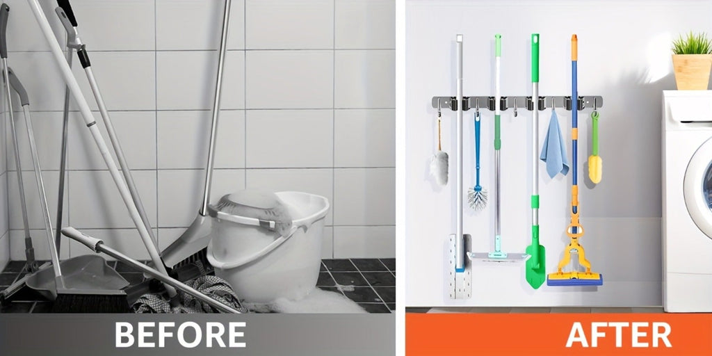 Wall Mounted Broom & Mop Holder ¨C 304 Stainless Steel Broom Organizer with 4 Racks & 5 Hooks ¨C Rustproof Non-Slip Wall Broom Hanger for Kitchen, Garage, Bathroom, Laundry & Closet Storage ¨C 2 Pack